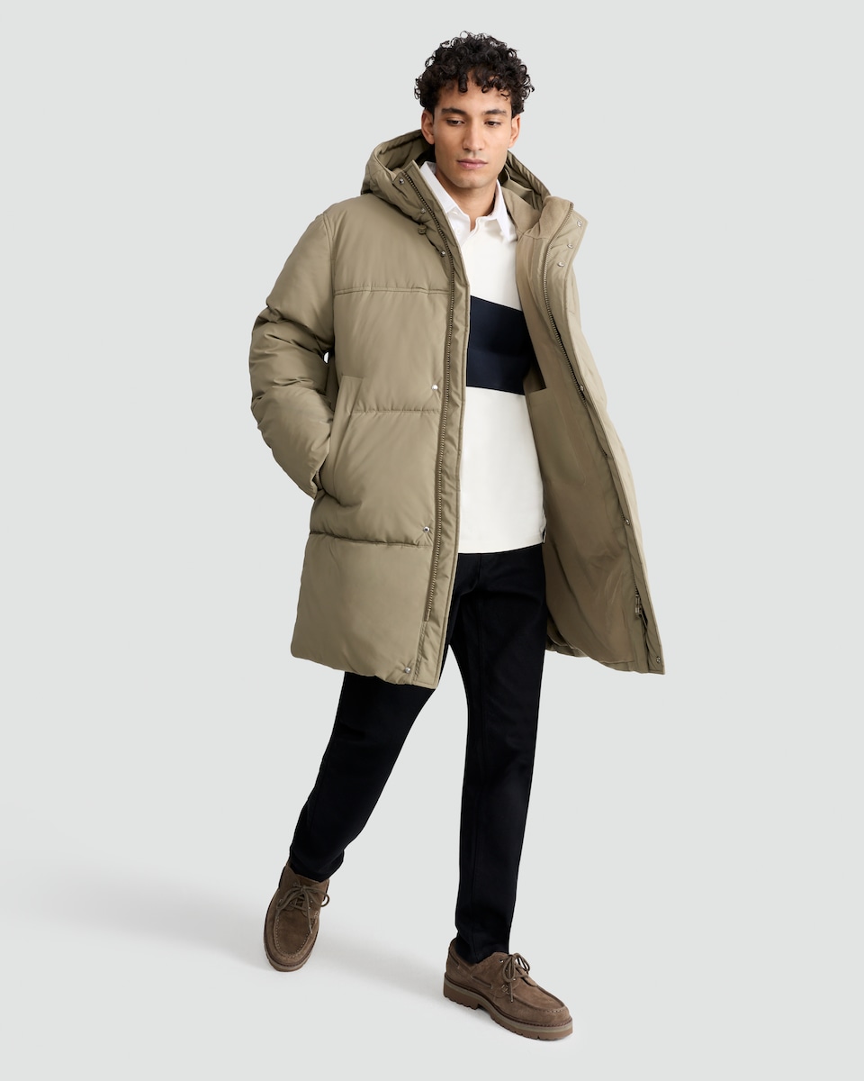 image 1 of F&F Longline Hooded Shower Resistant Puffer Coat in Stone