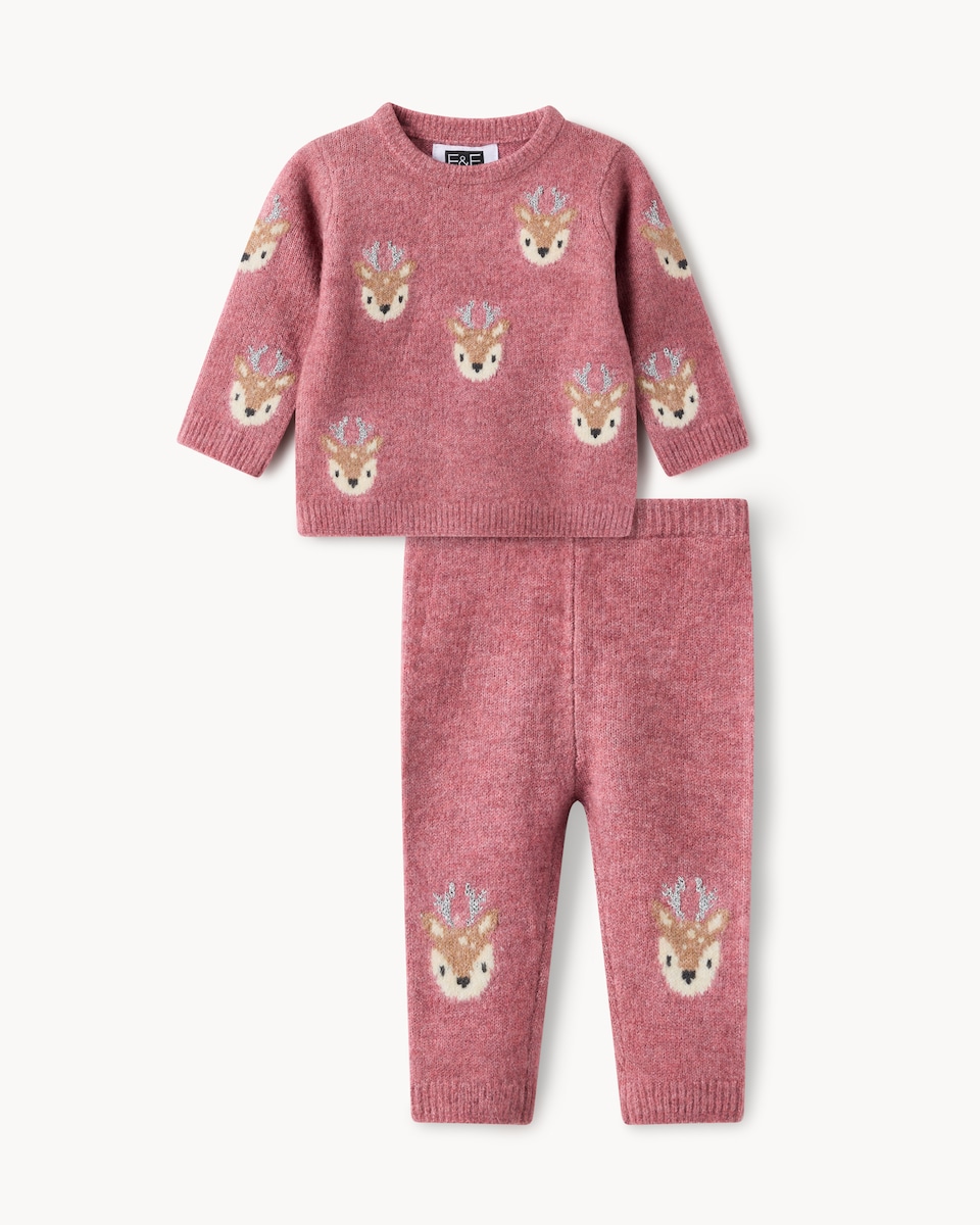 image 1 of Christmas Baby Knitted Reindeer Jumper and Leggings Set in Pink