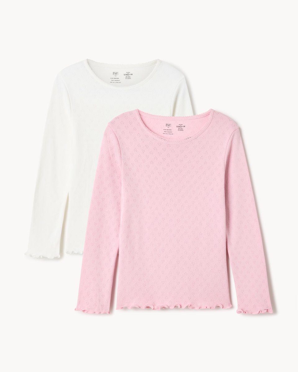 image 1 of F&F Girls 2-Pack WARMPLUS™ Medium Warmth Pointelle Thermal Long Sleeved Tops in Multi