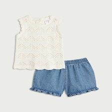 F&F Baby 2-Piece Pure Cotton Textured Knitted Vest and Denim Shorts Set in Cream