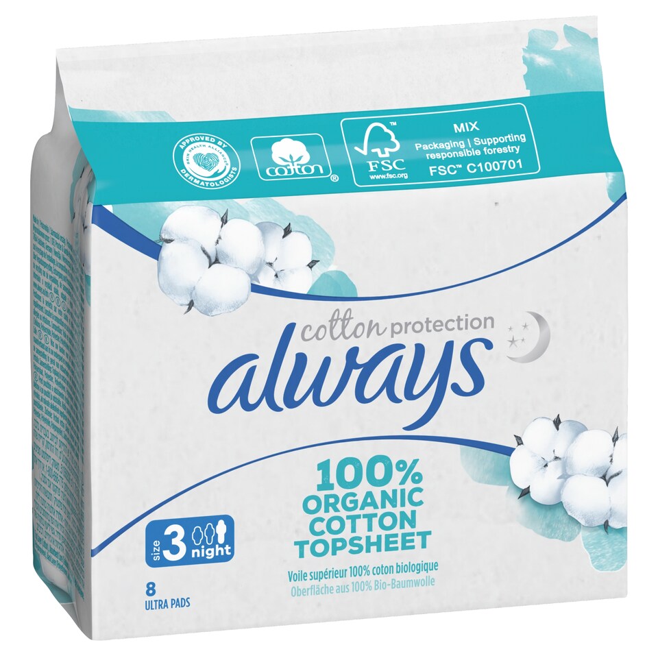 Obrázek 1 pro produkt Always Cotton Protection Ultra Night Hygienické Vložky S Křidélky ks8