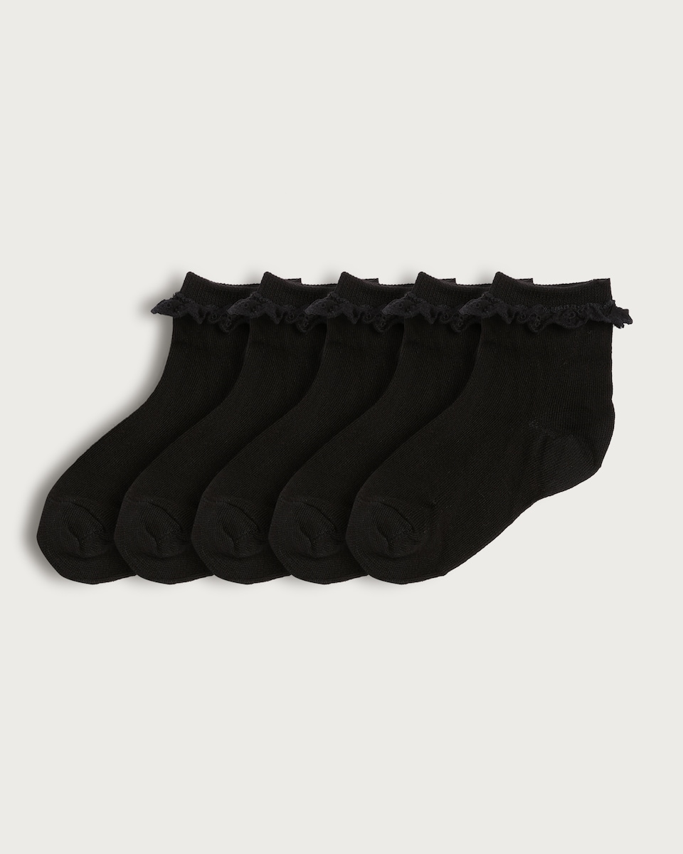 F&F School Girls 5-Pack Cotton Rich Frilly Ankle Socks in Black
