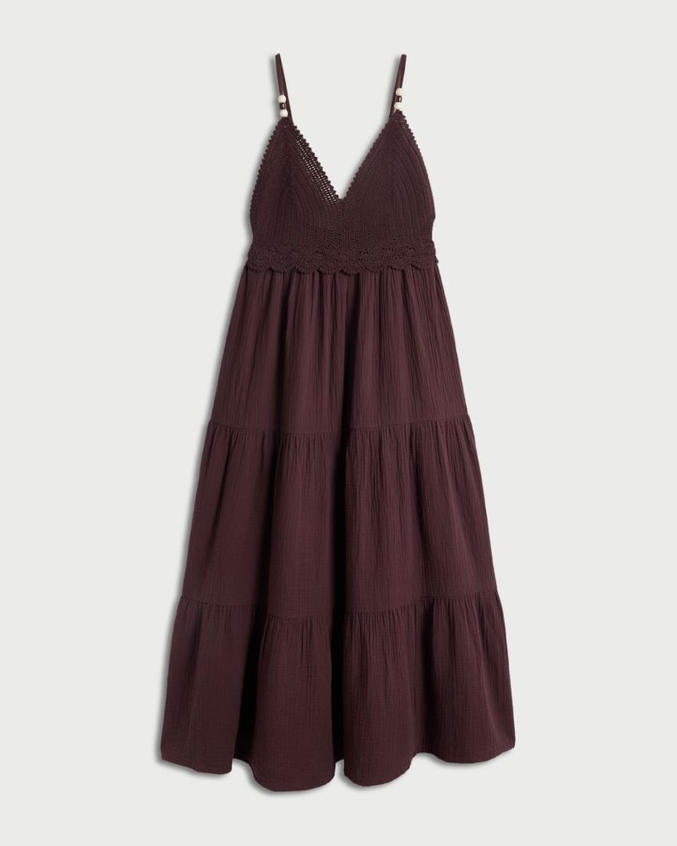 image 1 of F&F Pure Cotton Tiered Beach Dress in Burgundy