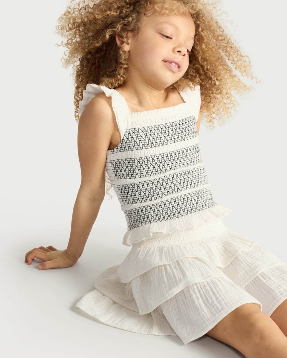 image 1 of F&F Girls 2-Piece Pure Cotton Smocked Sleeveless Top and Tiered Skirt Set in Cream