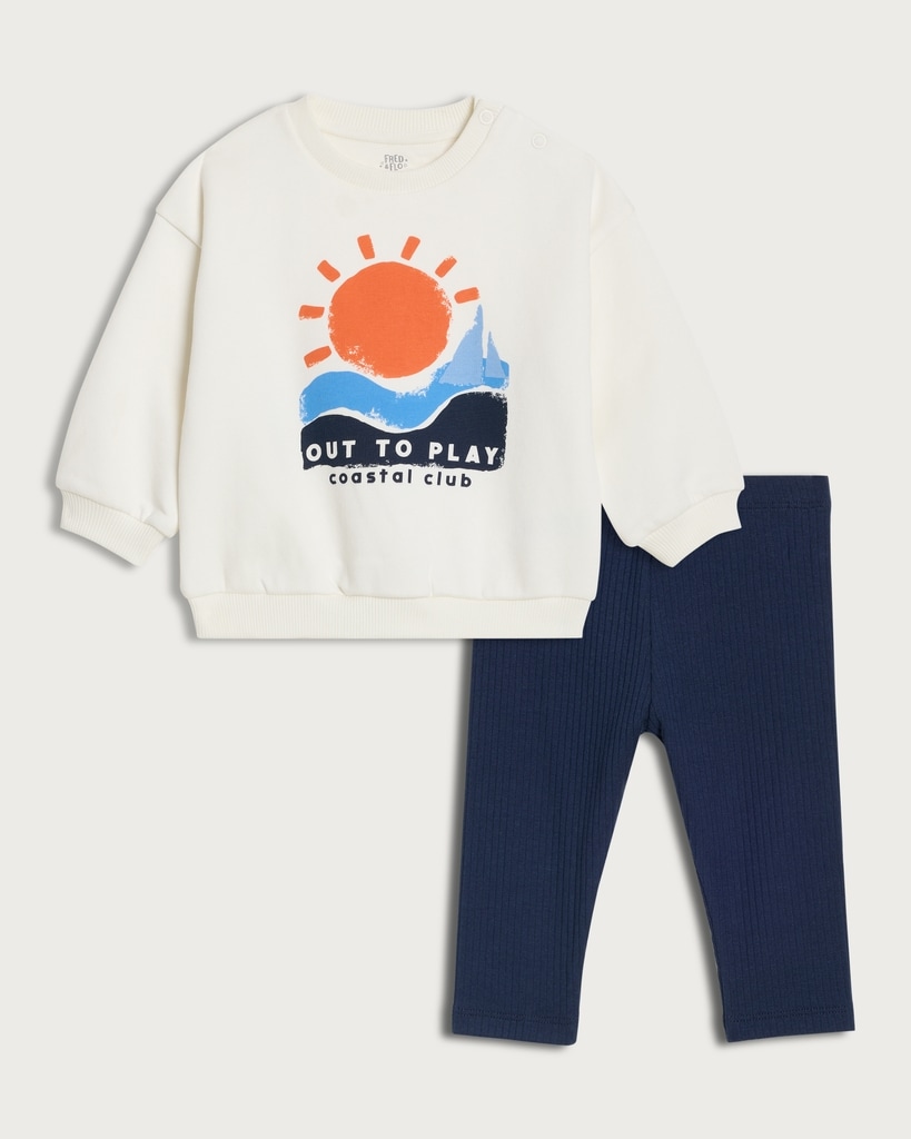 F&F Baby 2-Piece Cotton Rich Coastal Club Sweatshirt and Leggings Set in White