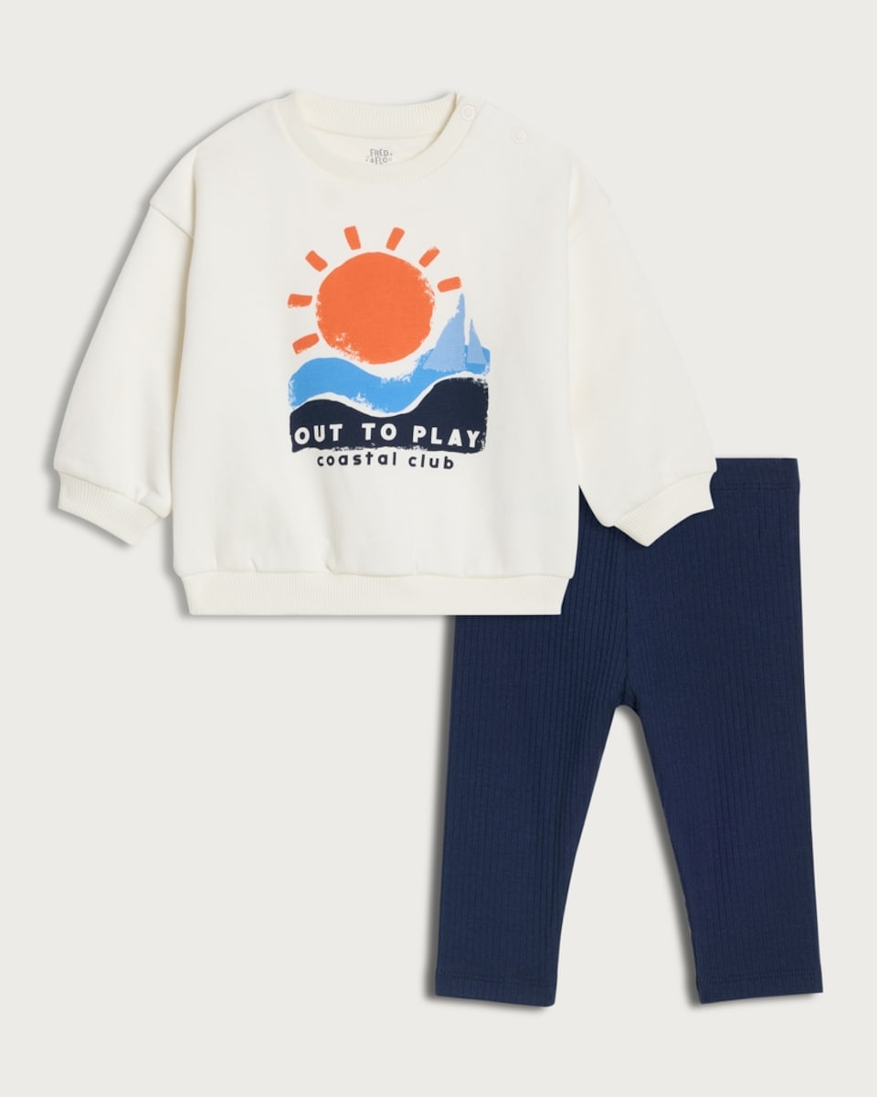 F&F Baby 2-Piece Cotton Rich Coastal Club Sweatshirt and Leggings Set in White