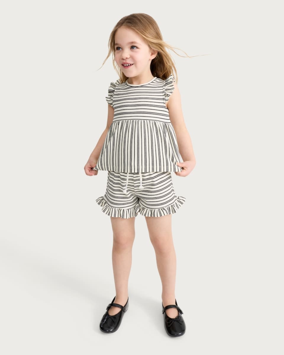 image 1 of F&F Girls 2-Piece Cotton Blend Striped Frill Sleeved Top and Shorts Set in Multi