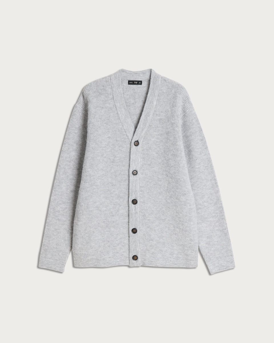 image 1 of F&F Knitted Waffle Textured Button Up Cardigan in Grey