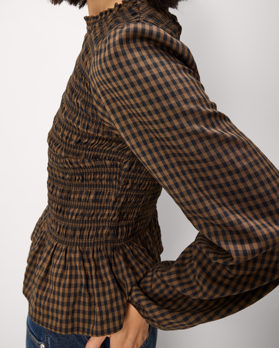 image 1 of F&F Shirred Peplum Top in Multi Brown