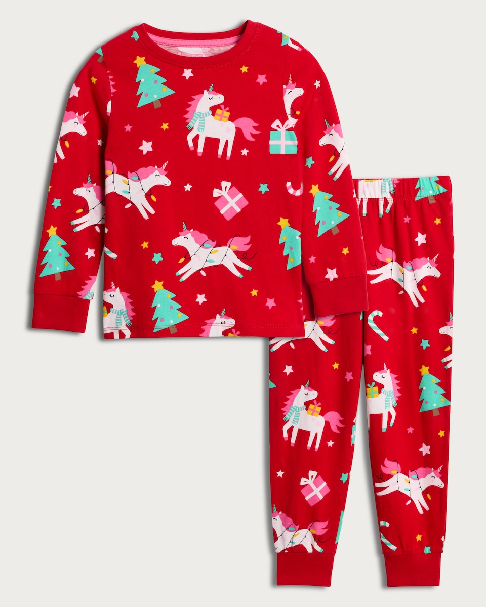 F&F Girls Pure Cotton Christmas Unicorn Top and Cuffed Joggers Pyjamas in Multi