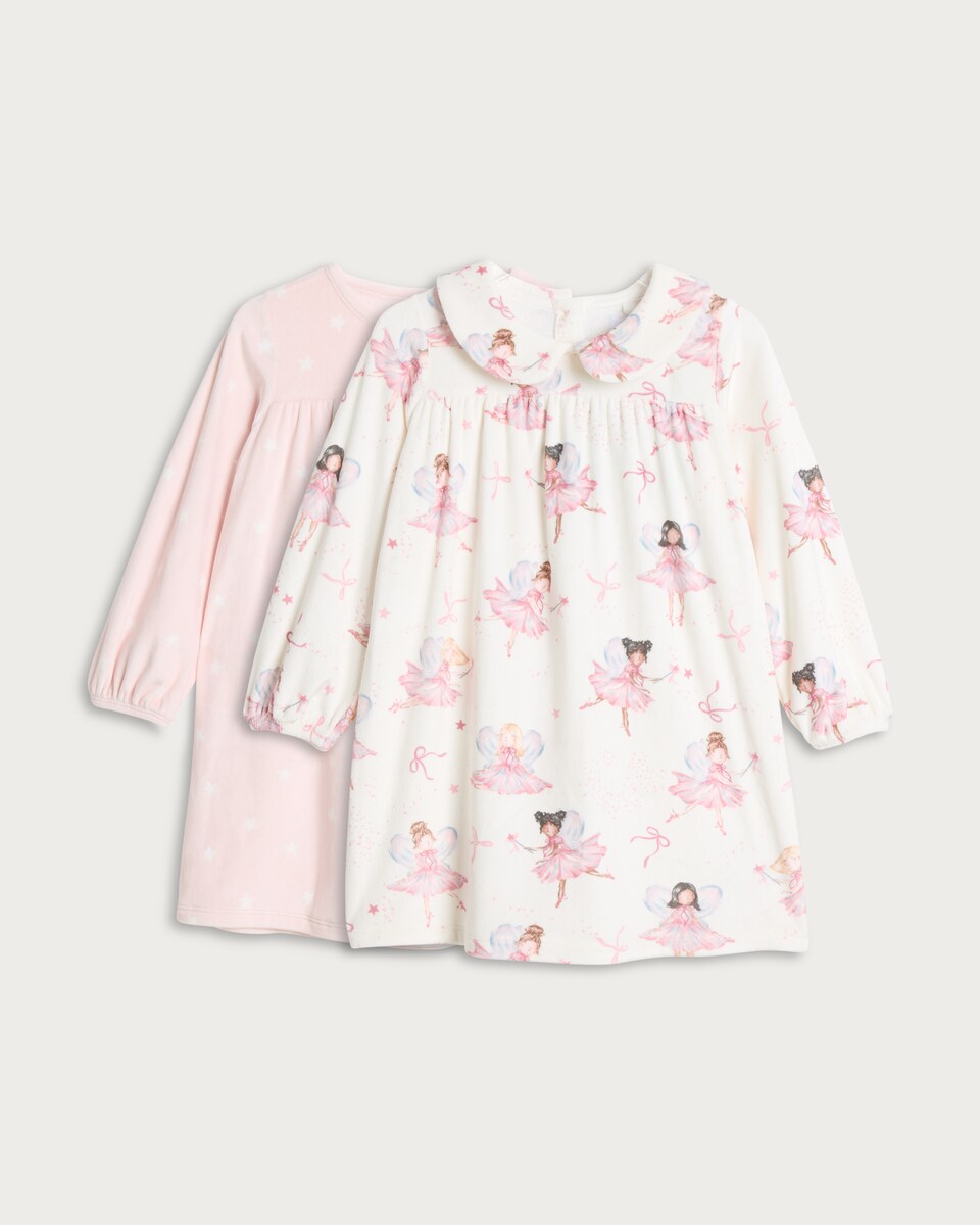 F&F Girls 2-Pack Minky Fairy Print Nighties in Light Nude