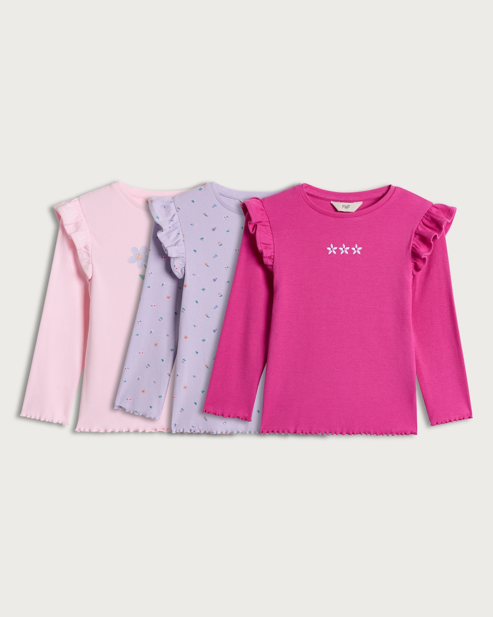 image 1 of F&F Girls 3-Pack Cotton Rich Ruffle Detail Long Sleeved Tops in Multi Pink