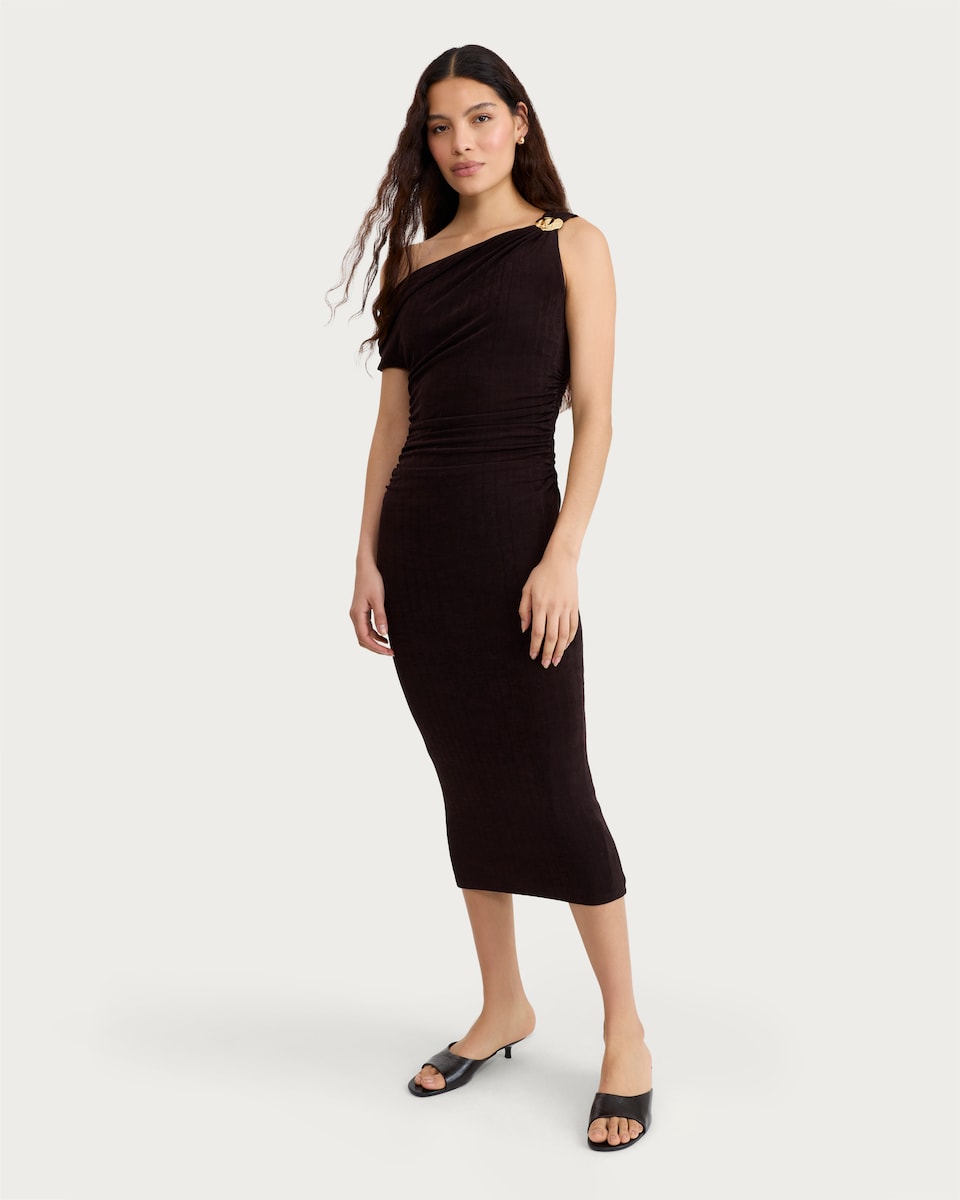 image 1 of F&F Satin Cowl Neck Metal Accent Midi Dress in Chocolate