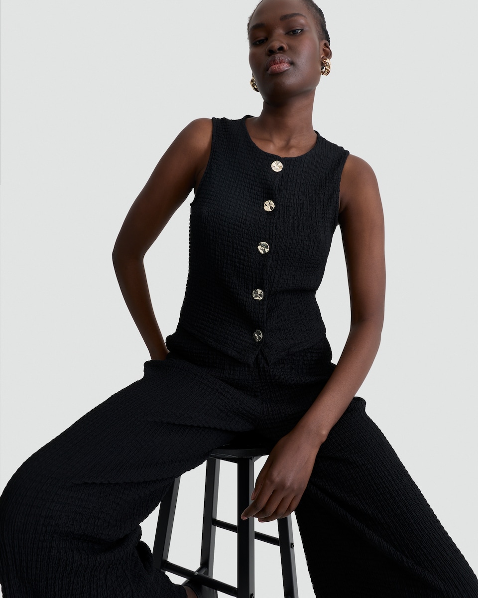 image 1 of F&F Crinkle Textured Button Front Sleeveless Co-ord Top in Black