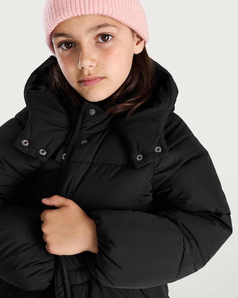 image 1 of F&F Girls Hooded Shower Resistant Puffer Coat in Black