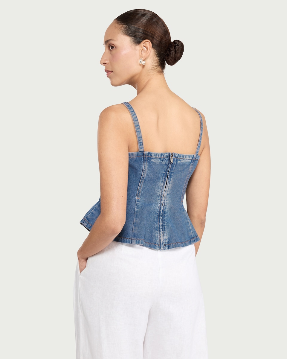 image 1 of F&F Pure Cotton Peplum Hem Denim Top in Blue