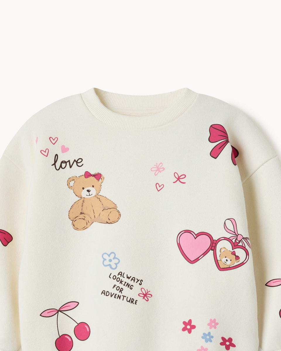 image 1 of F&F Girls Cotton Rich Heart Print Sweatshirt in Cream