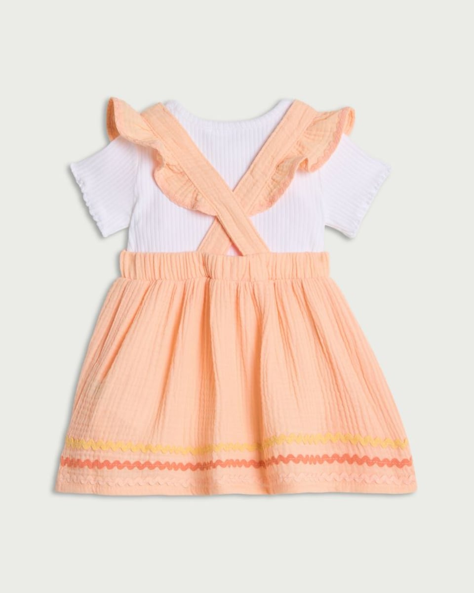 image 1 of F&F Baby Pure Cotton Ruffle Dress with Bodysuit in Peach
