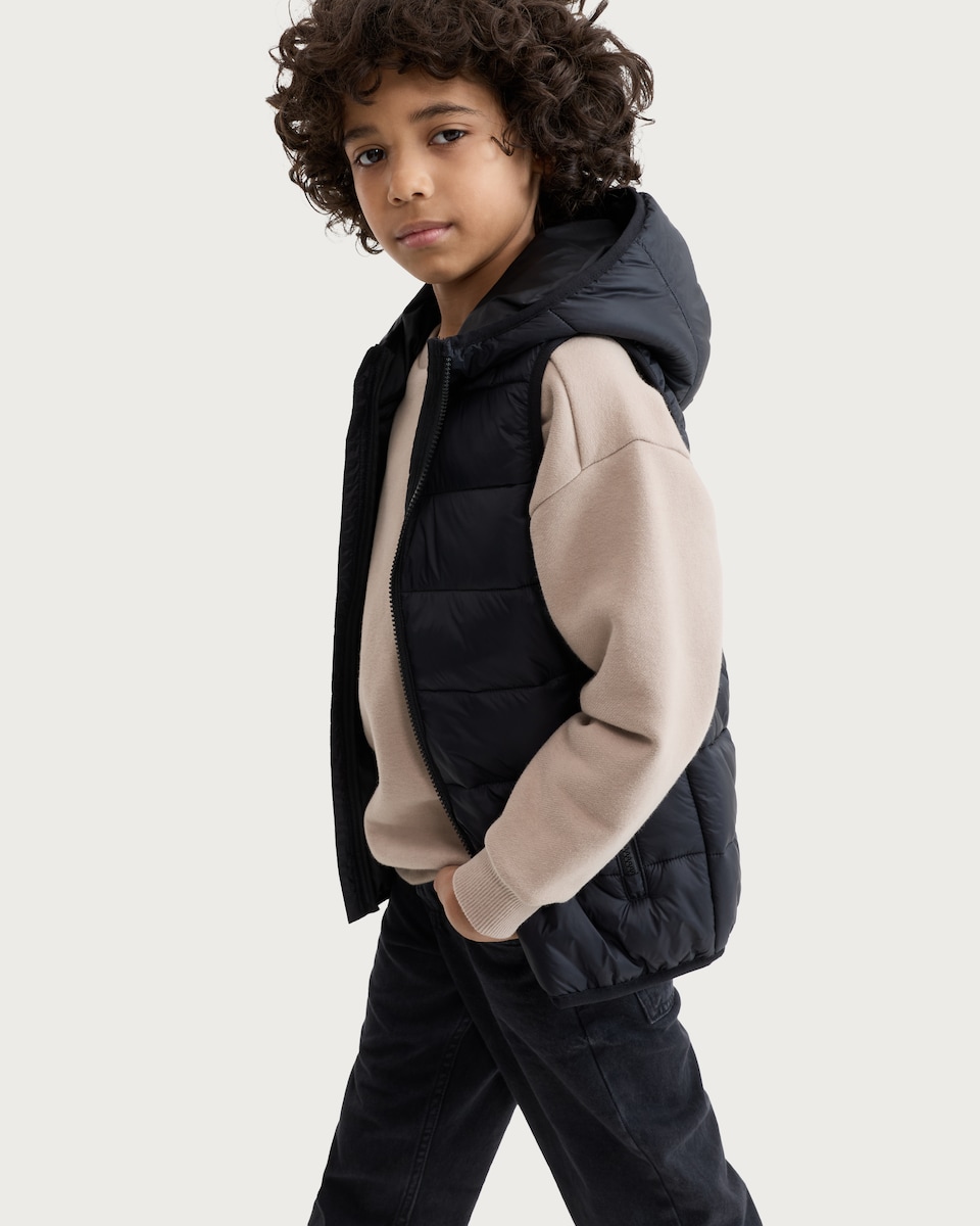 image 1 of F&F Boys Hooded Padded Zip Up Gilet in Black