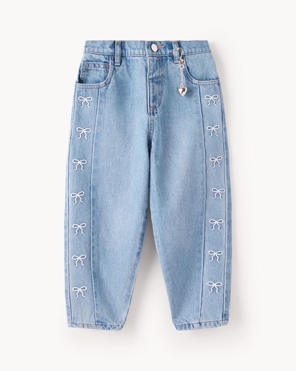 image 1 of F&F Girls Pure Cotton Embroidered Bow Barrel Leg Jeans in Blue