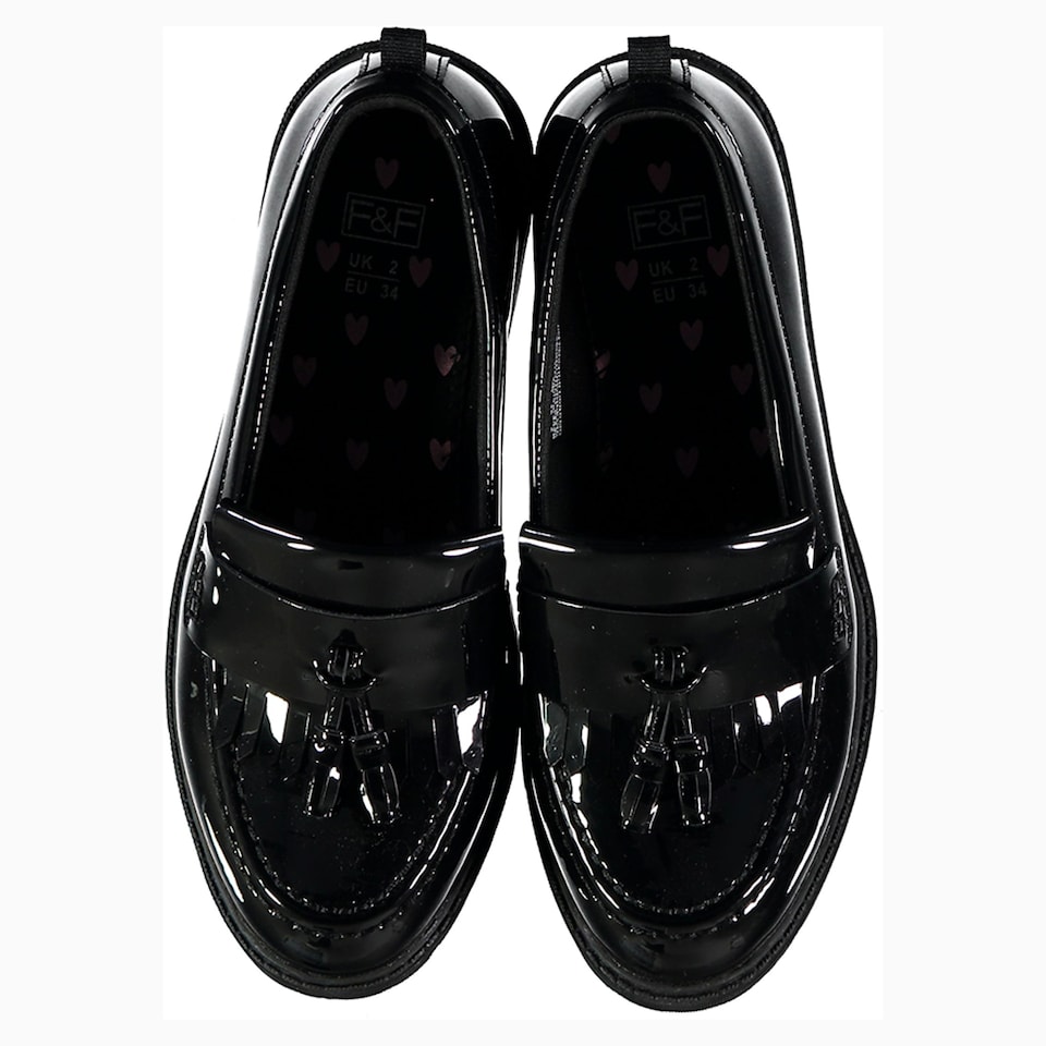 F&F School Girls Patent Tassel Loafers in Black