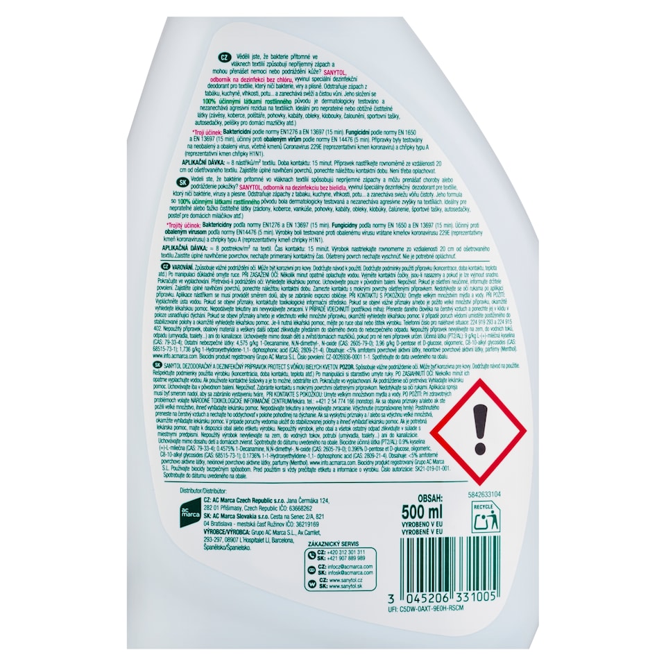 obrázok 1 z Sanytol Dezodoračný a dezinfekčný prípravok na textílie 500 ml