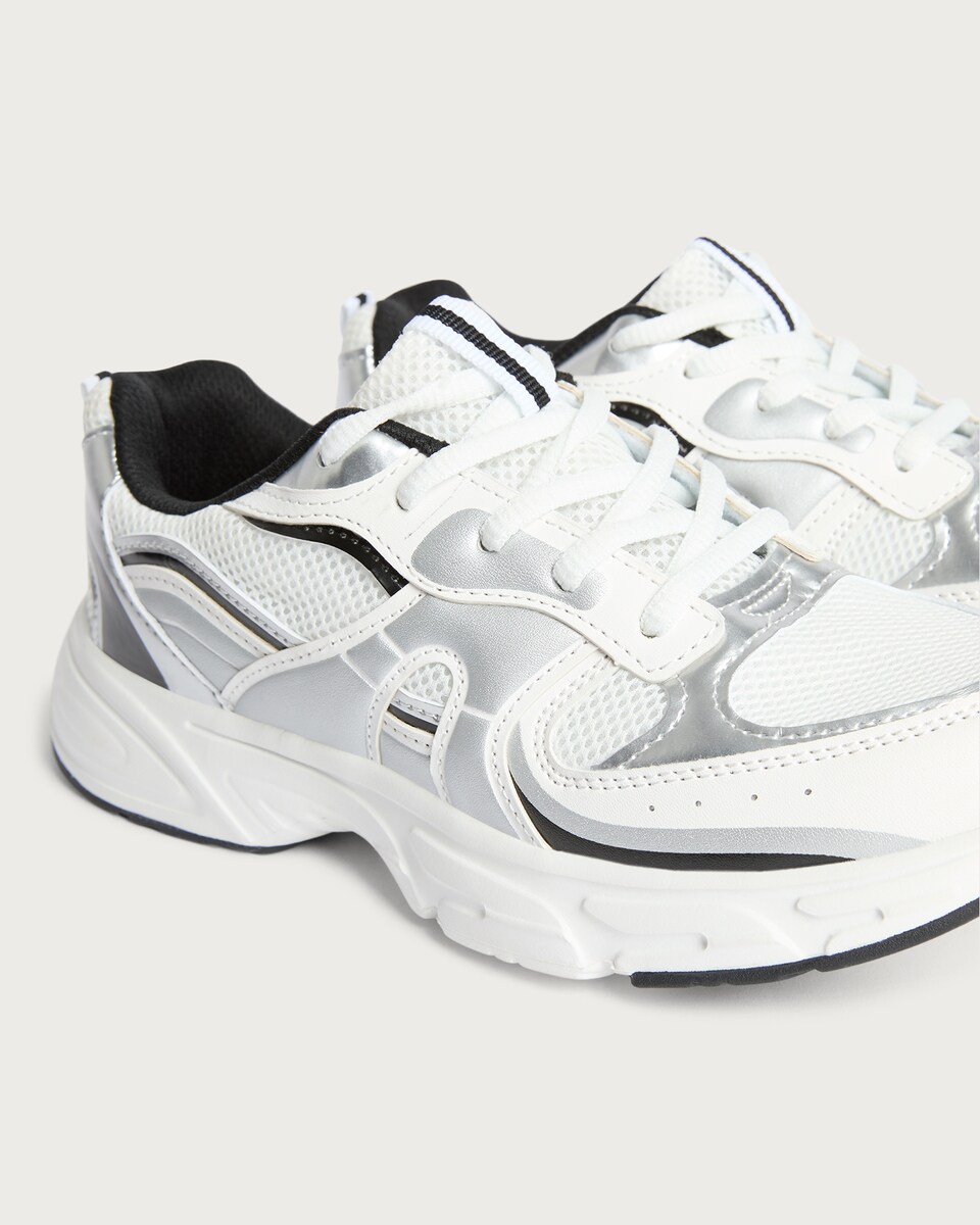 image 1 of F&F Girls Mesh Panel Lace-Up Trainers in Multi White