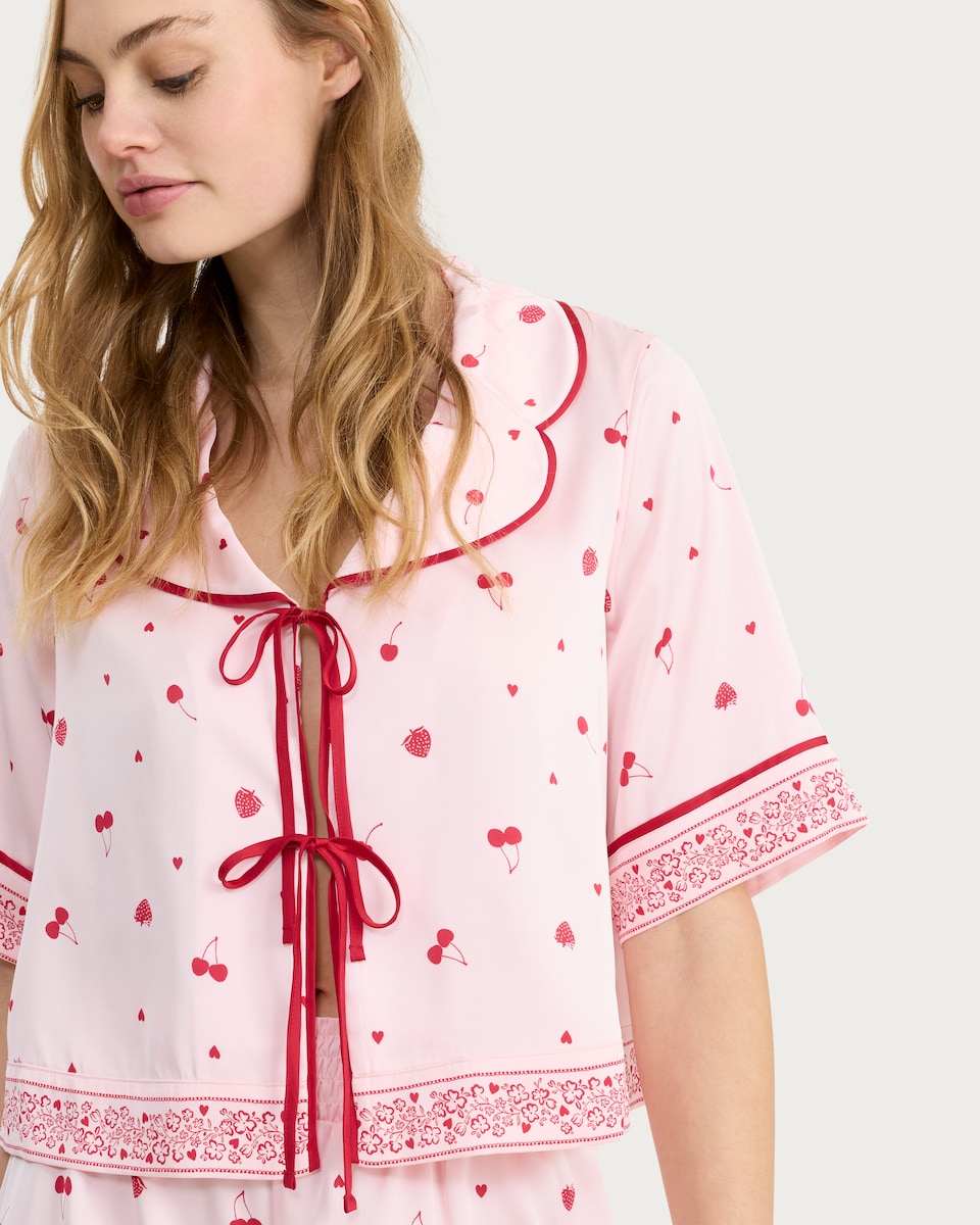 image 1 of F&F CoolEase™ Satin Fruit Print Shirt and Shorts Pyjama Set in Multi Pink