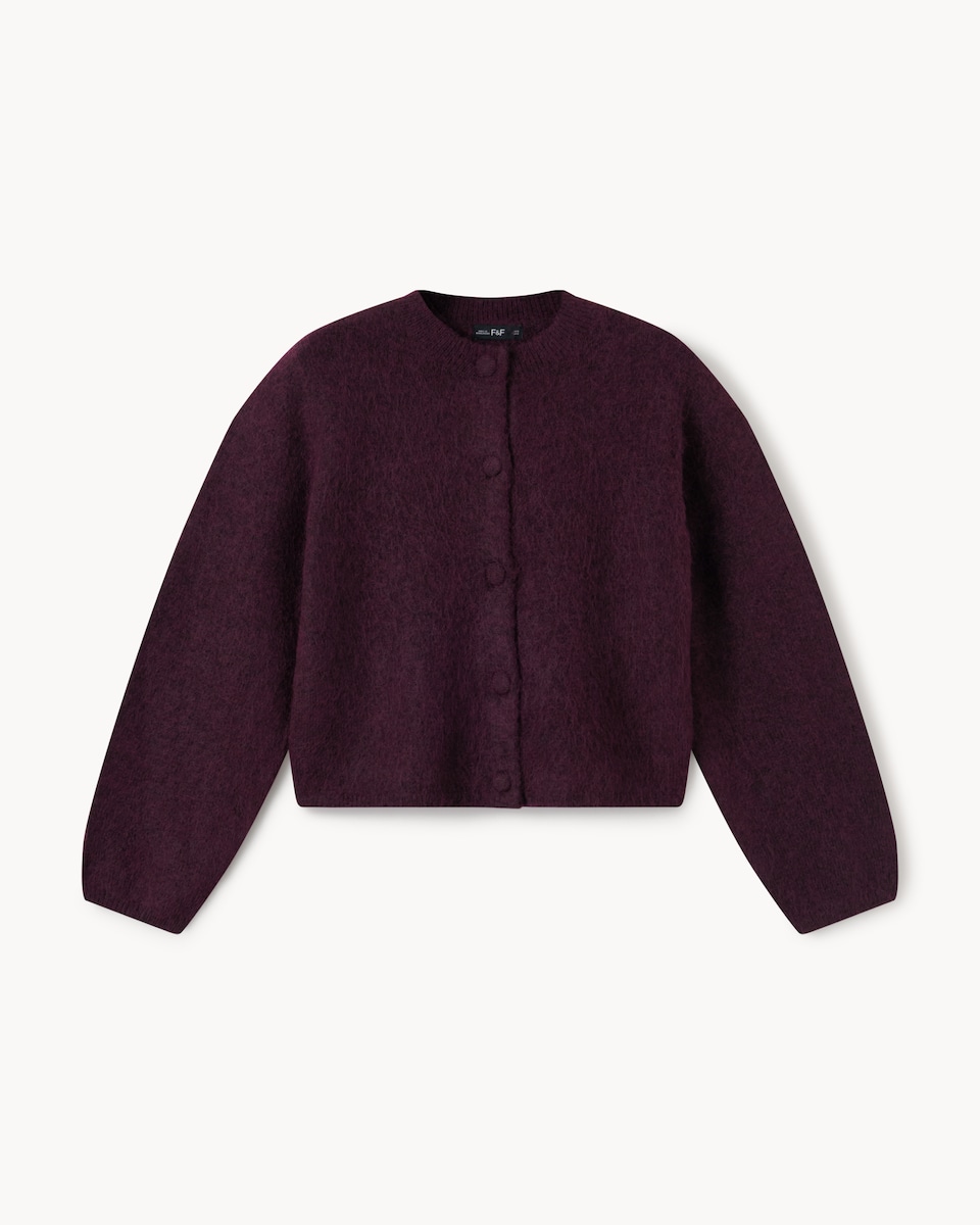 image 1 of F&F Crew Neck Cardigan in Burgundy