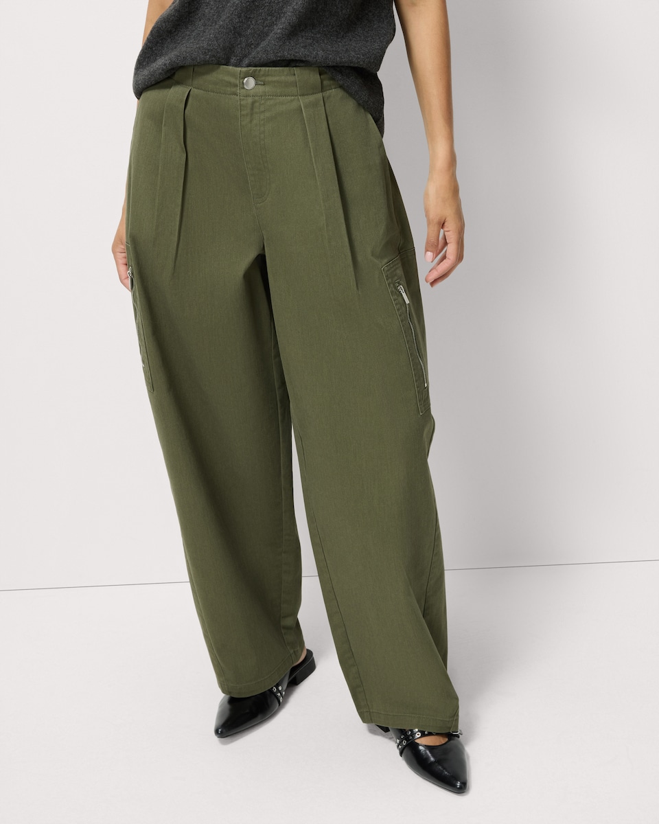 image 1 of F&F Cotton Rich Pleated Wide Leg Utility Trousers in Olive