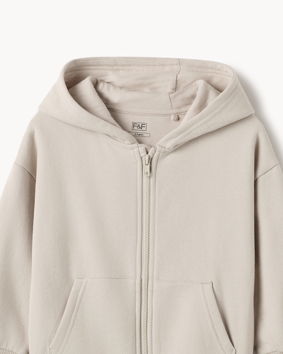 image 1 of F&F Boys Cotton Rich Zip Up Hoodie in Stone