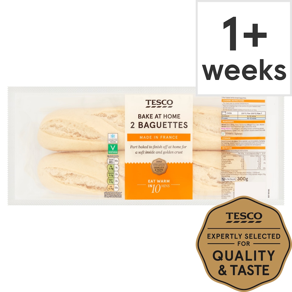 Tesco Homebake Part Baked White Baguettes 2 Pack