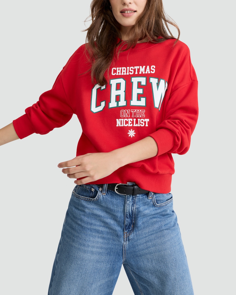 image 1 of F&F Cotton Rich Christmas Crew Slogan Sweatshirt in Red
