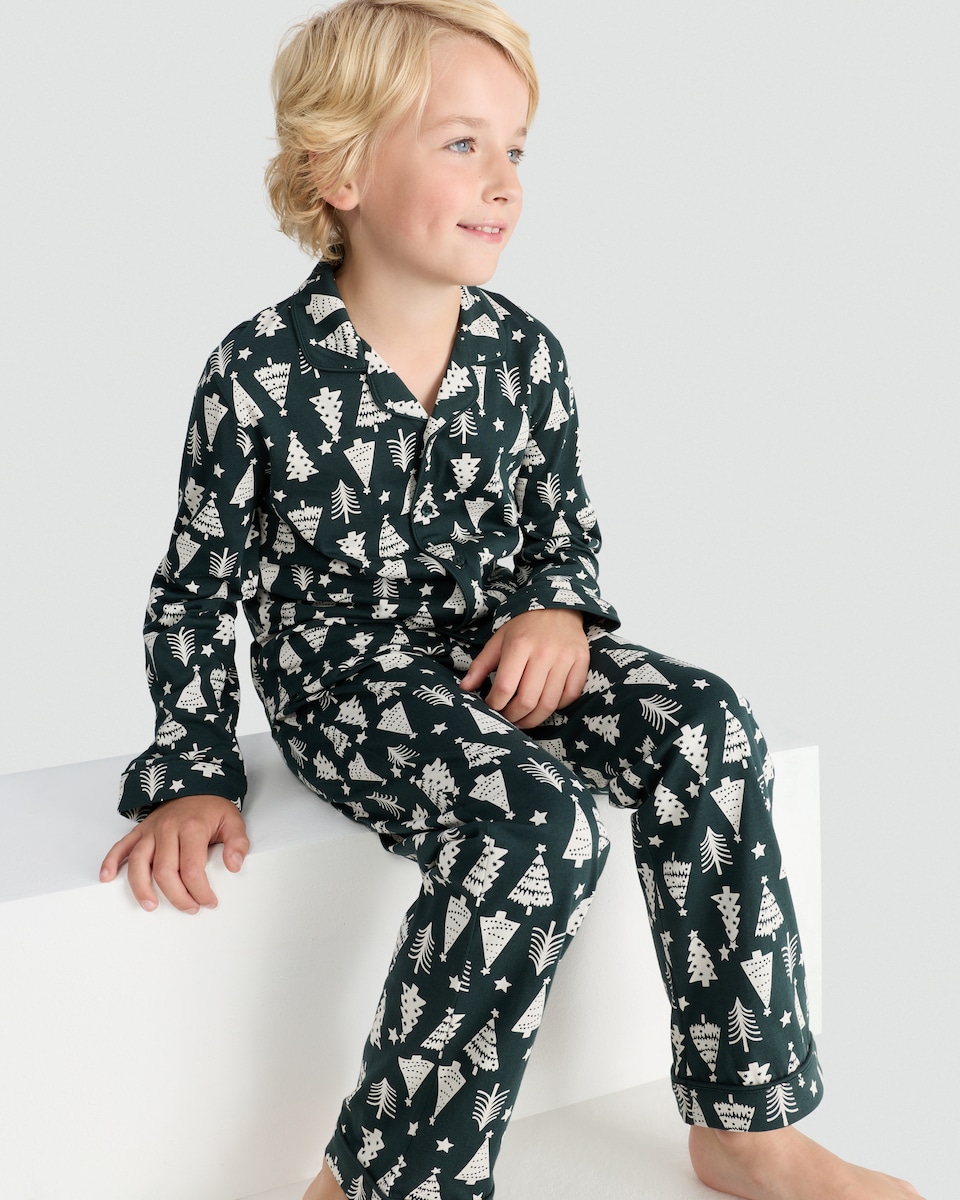 image 1 of F&F Unisex Christmas Tree Print Matching Family Christmas Button Through Pyjamas in Multi