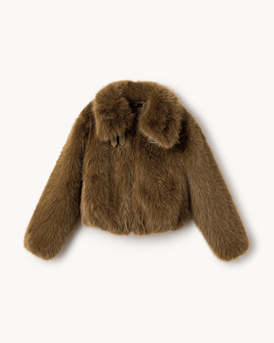 image 1 of F&F Faux Fur Aviator Jacket in Tobacco