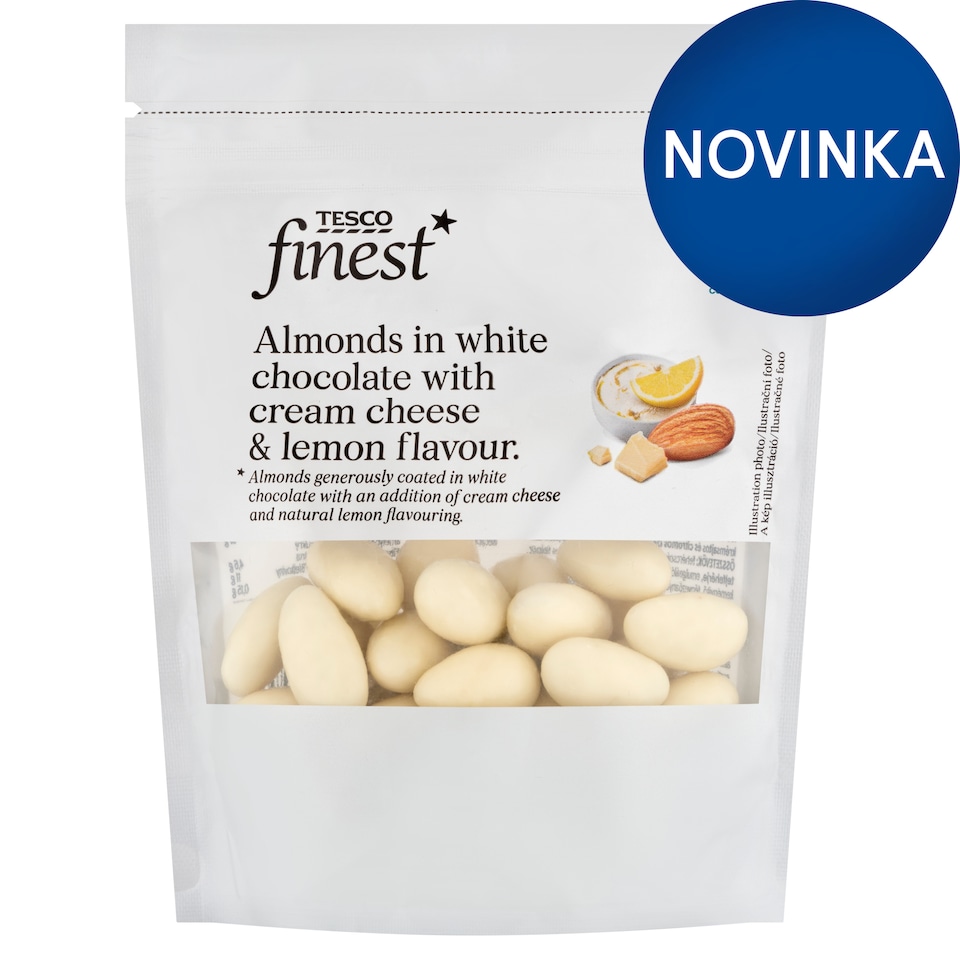 Tesco Finest Mandle jadrá v bielej čokoláde s príchuťou smotanového syra a citrónu 150 g