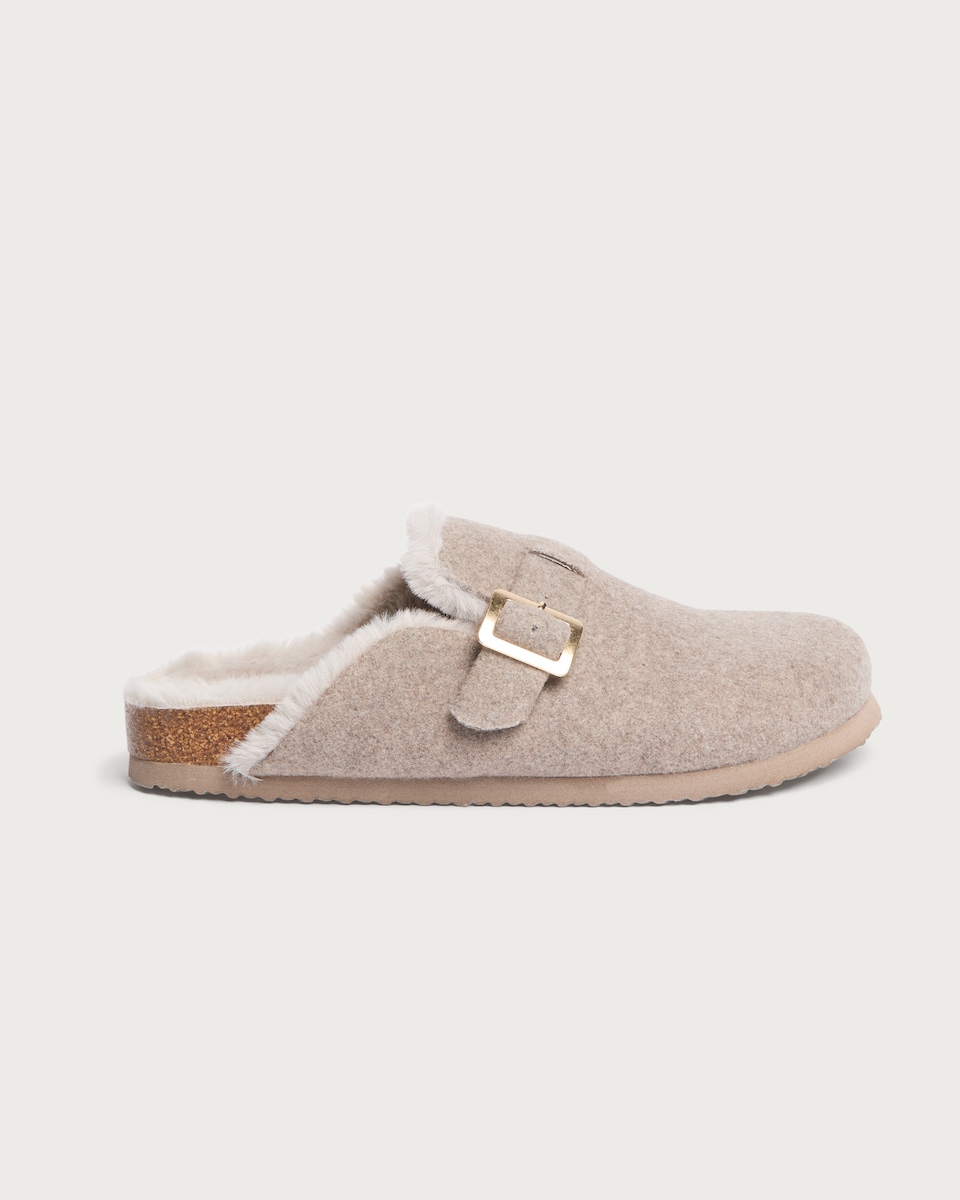 image 1 of F&F Faux Fur Lined Buckle Footbed Slippers in Mink