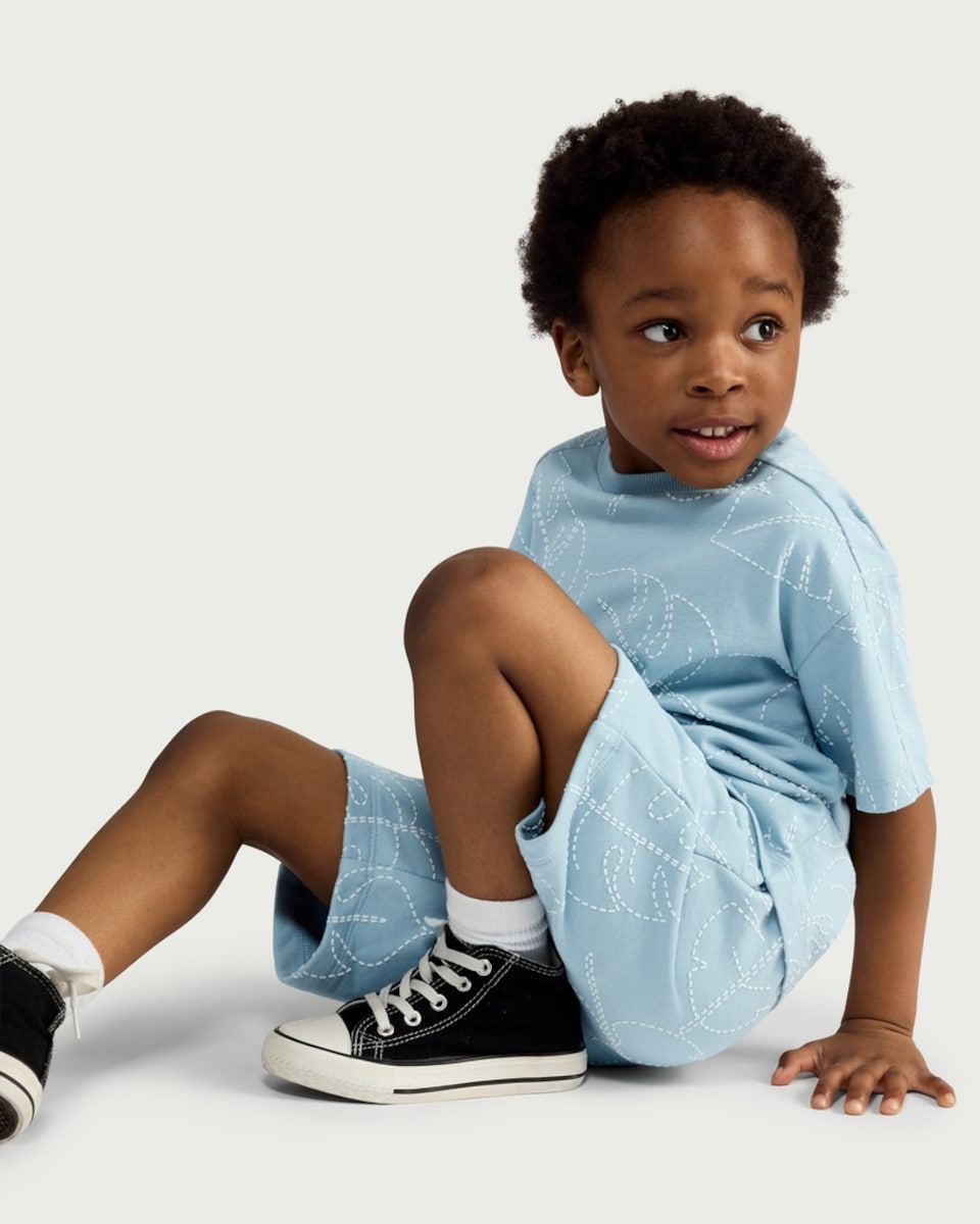 image 1 of F&F Boys 2-Piece Cotton Rich Leaf Print T-Shirt and Shorts Set in Blue