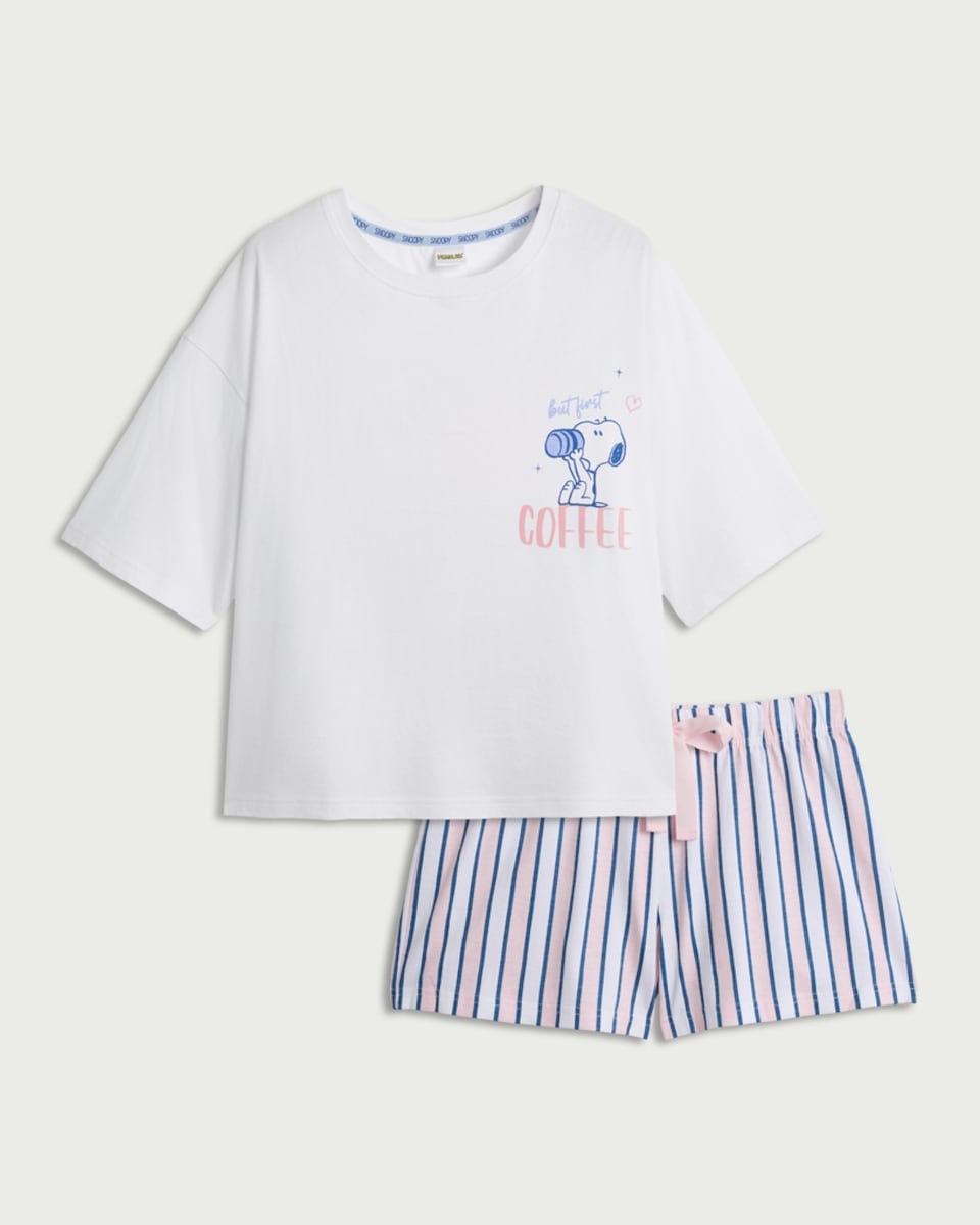 image 1 of Snoopy 2-Piece Pure Cotton Top and Shorts Pyjama Set in Multi Pink