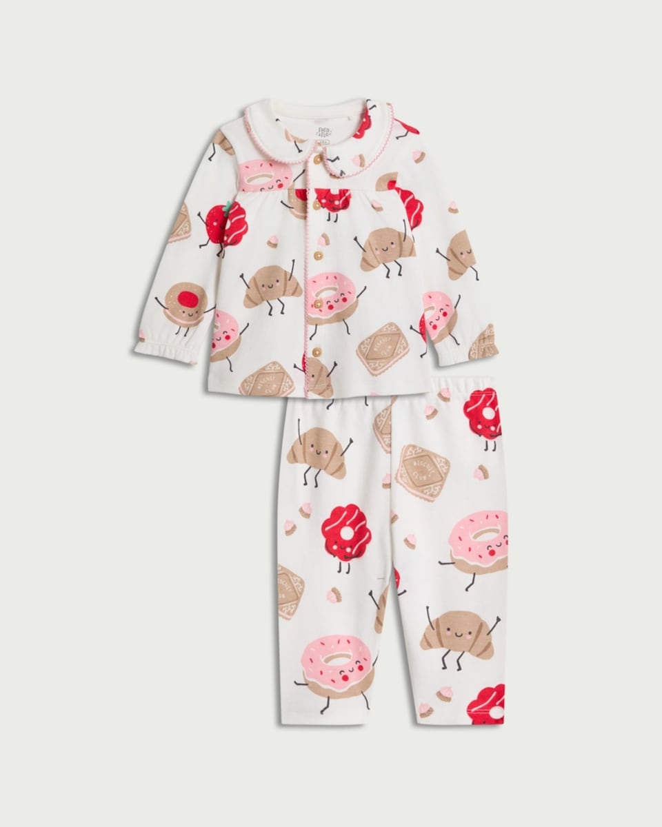image 1 of F&F Baby Pure Cotton Pastry Print Revere Pyjama Set in White