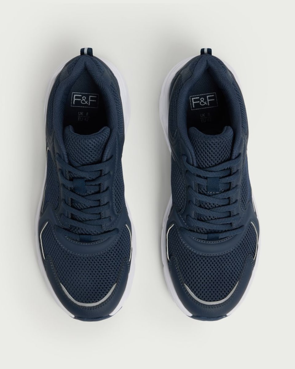 image 1 of F&F Mesh Panel Lace Up Trainers in Navy