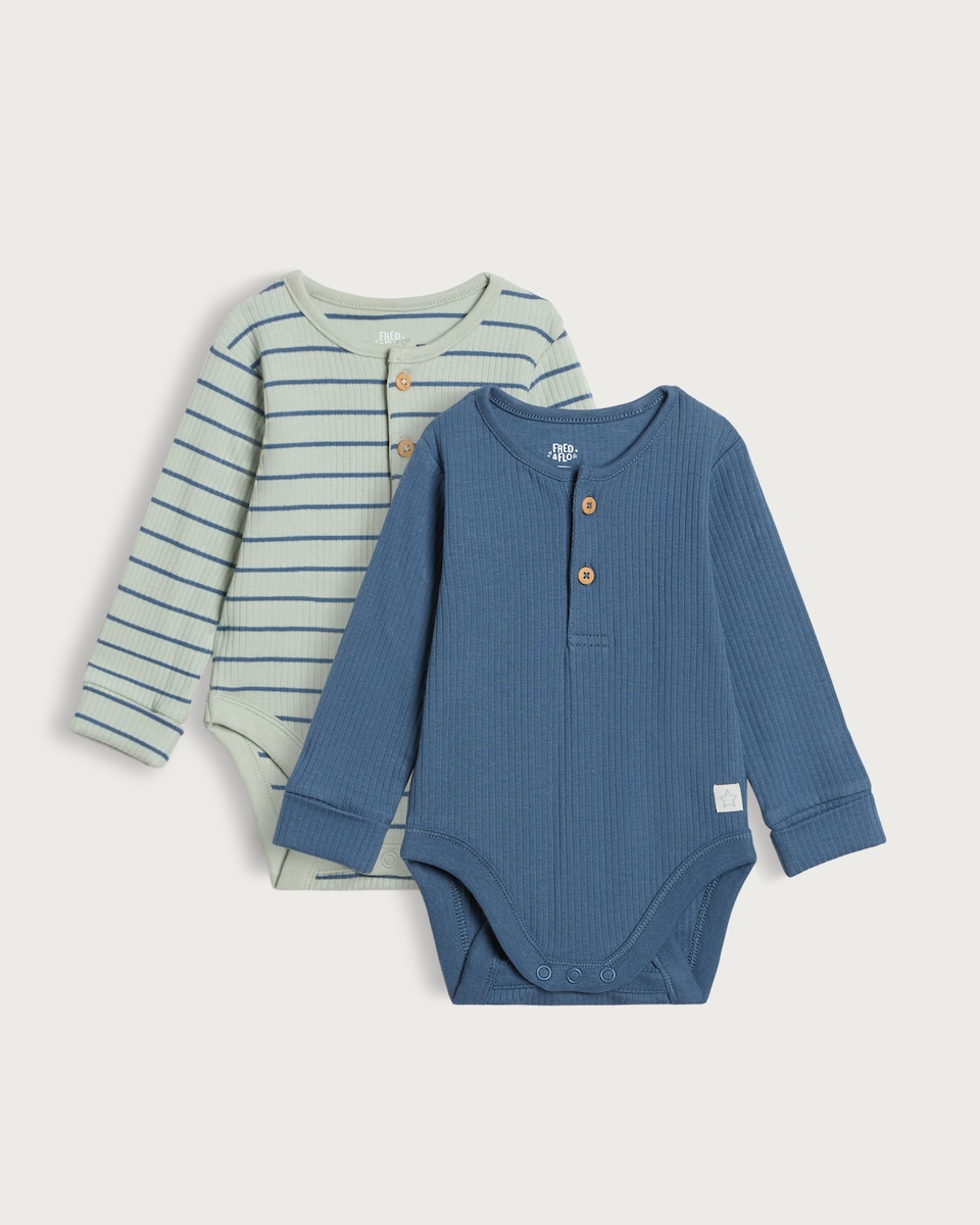 image 1 of F&F Baby 2-Pack Cotton Rich Ribbed Bodysuits in Blue