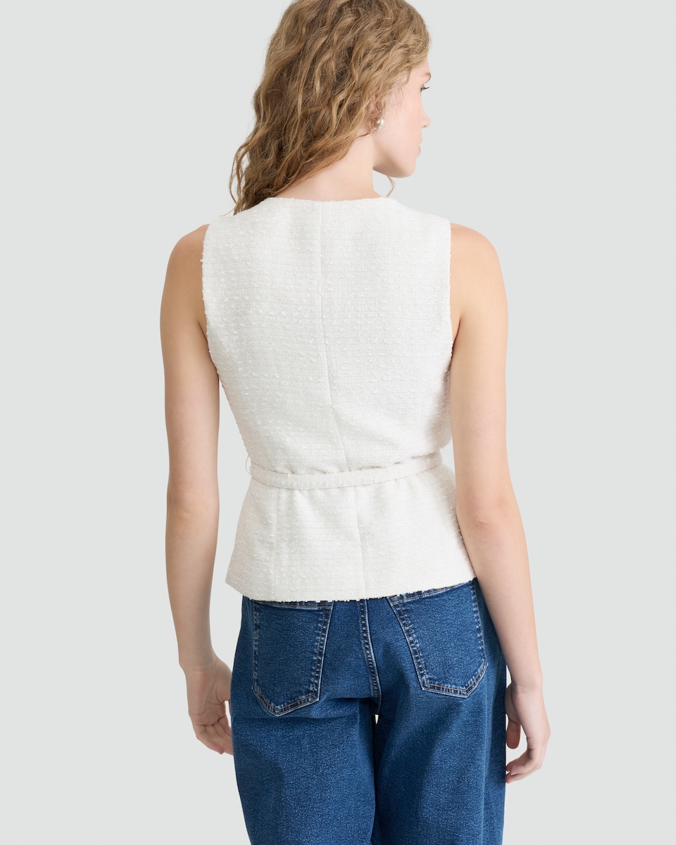 image 1 of F&F Boucle Textured Faux Pearl Button Belted Waistcoat in Cream