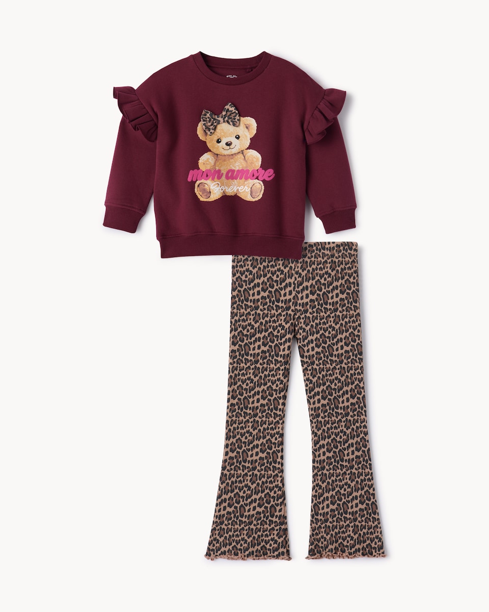 image 1 of F&F Girls Cotton Rich Teddy Sweatshirt and Flared Leggings Set in Multi Brown