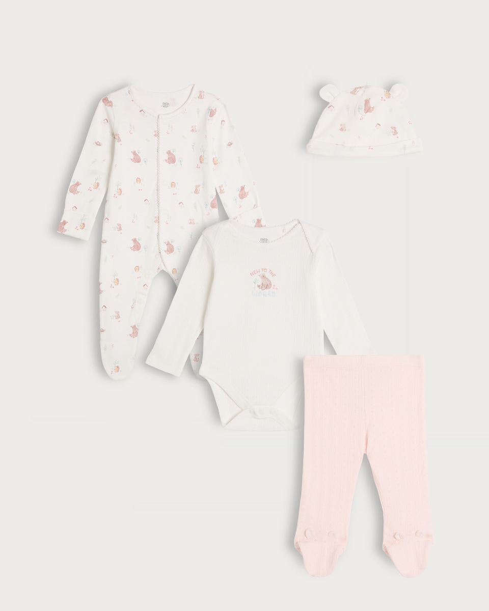 image 1 of F&F Baby 4-Piece Pure Cotton New to the World Set in Multi Pink