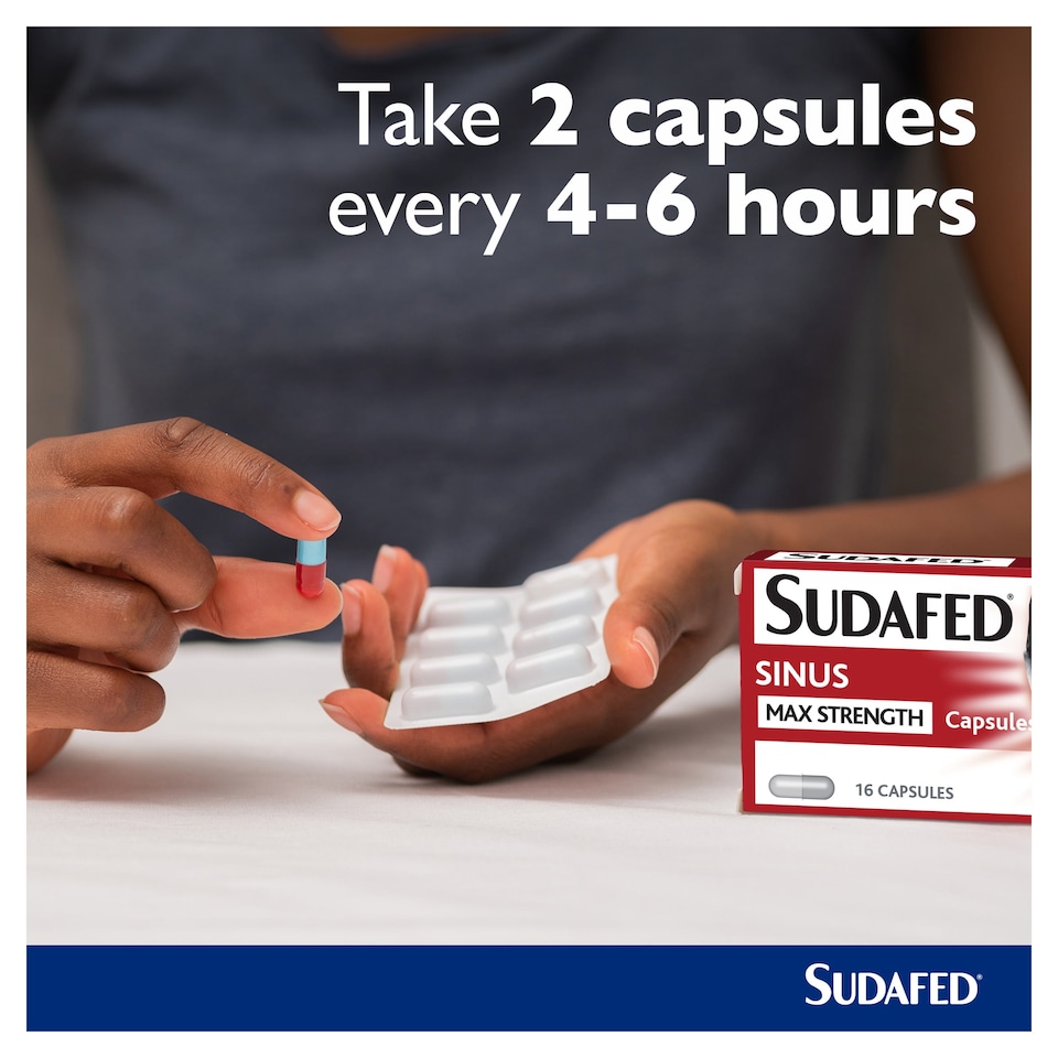 image 1 of Sudafed Sinus Max Strength Capsules with Paracetamol, Caffeine, Phenylephrine 16s