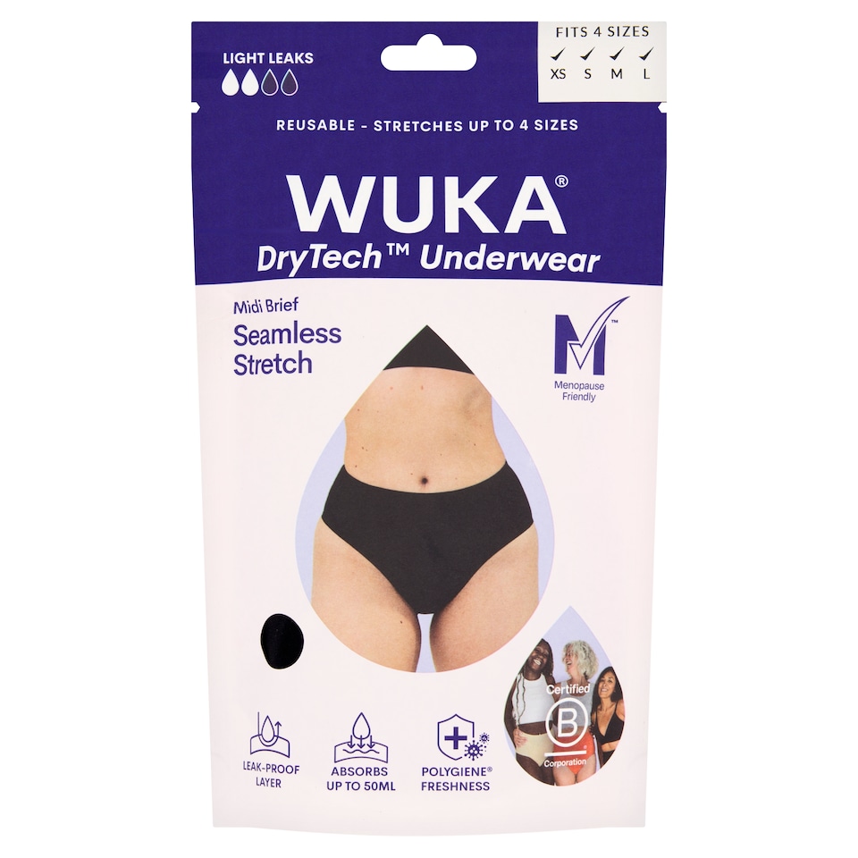 WUKA Dry Tech Midi Brief Underwear for Light Leaks Black - Size 1
