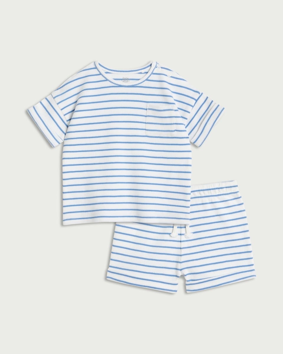 image 1 of F&F Baby 2-Piece Pure Cotton Textured Striped Top and Shorts Set in Blue