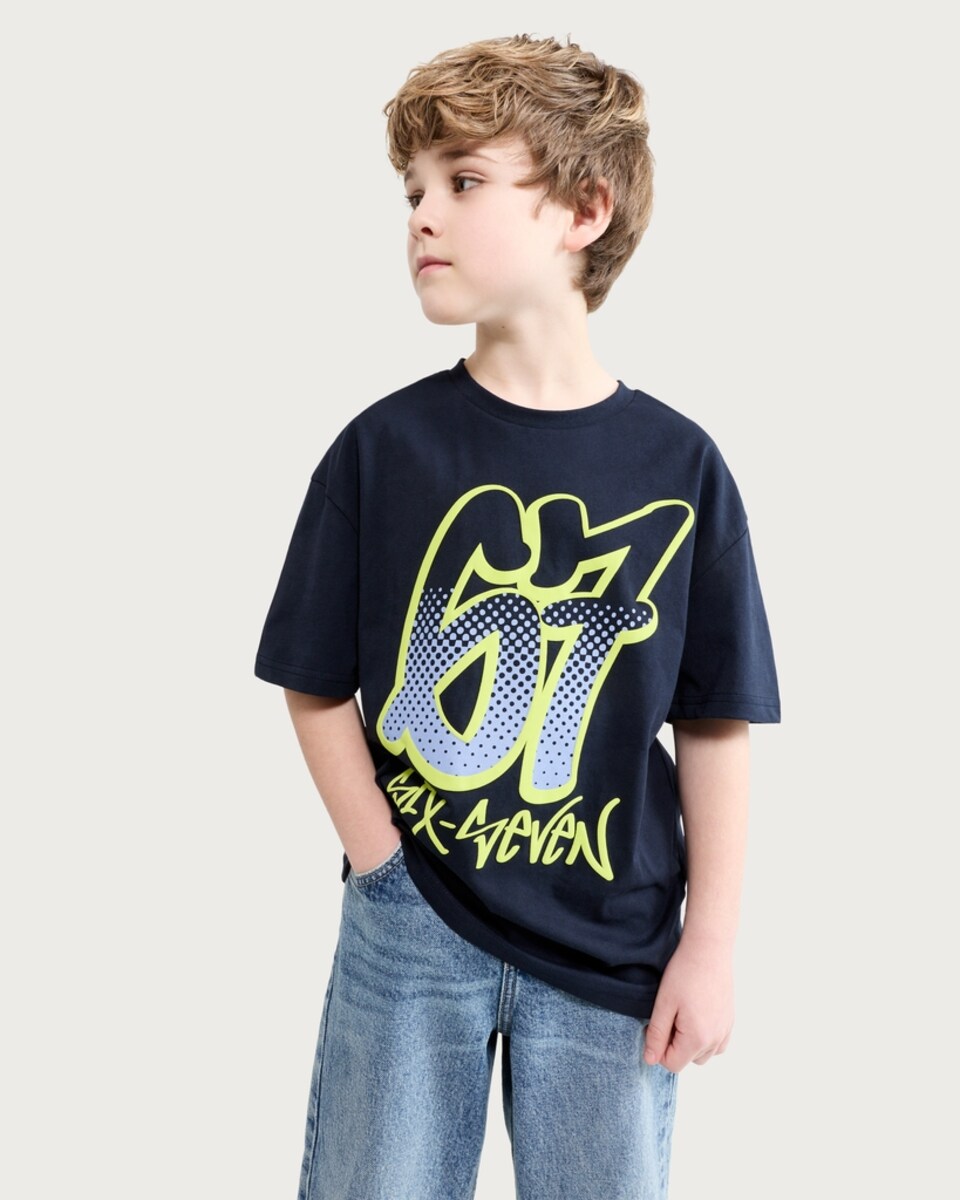 image 1 of F&F Boys Pure Cotton 6 7 Print T-Shirt in Navy