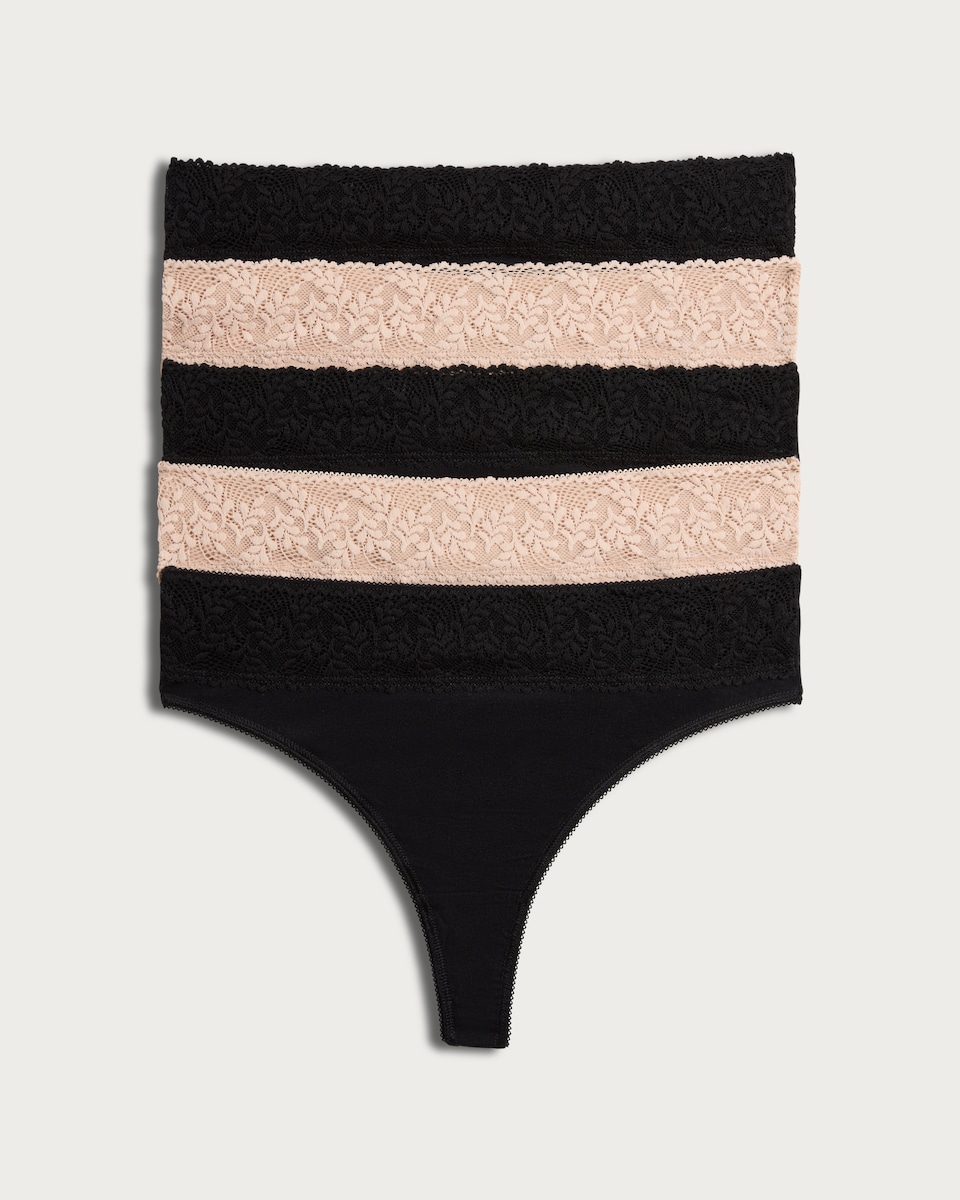 image 1 of F&F 5-Pack Cotton Rich Lace Trim Thongs in Nude
